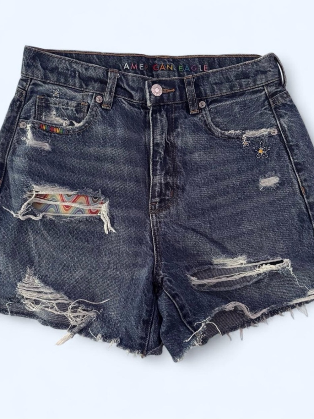 American Eagle Outfitters Dark Blue Distressed Denim Shorts with Rainbow Patch